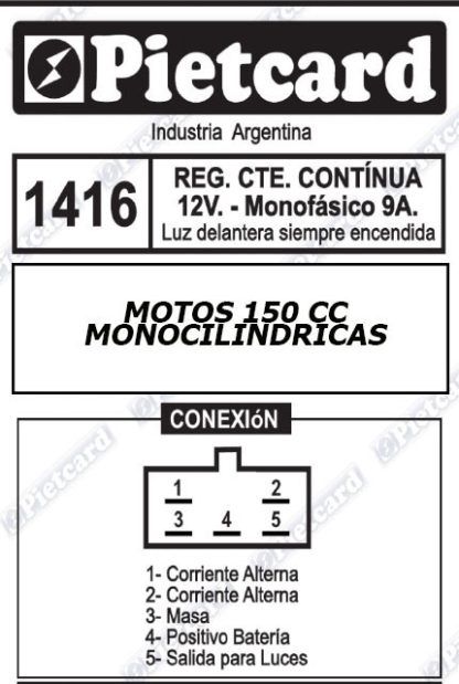 Rectificador de moto 150 monofasico con salida a luz 9A Pietcard 1416 - Imagen 3