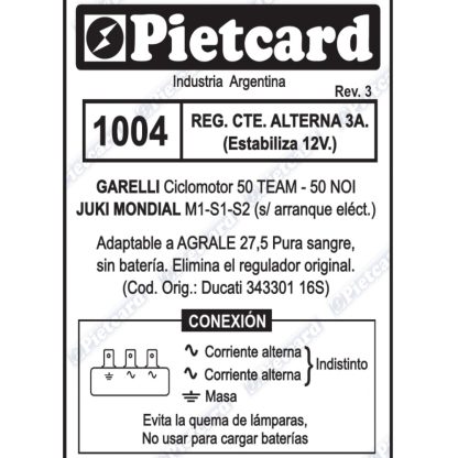 Regulador corriente alterna de moto 12 volt Pietcard 1004 - Imagen 2