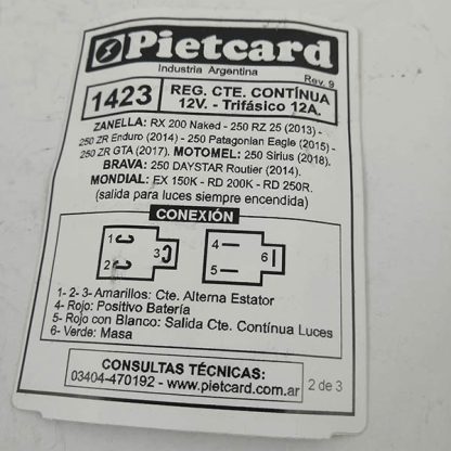 Rectificador moto 200 250 6 hilos trifásico Salida Luz delantera Pietcard 1423 - Imagen 4