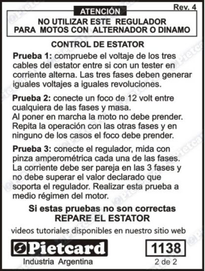 Rectificador trifasico moto Benelli TNT 150 180 S Pietcard 1138 - Imagen 3