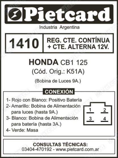 Rectificador Moto HONDA CB1 125 Pietcard 1410 monofasico CC+CA - Imagen 3