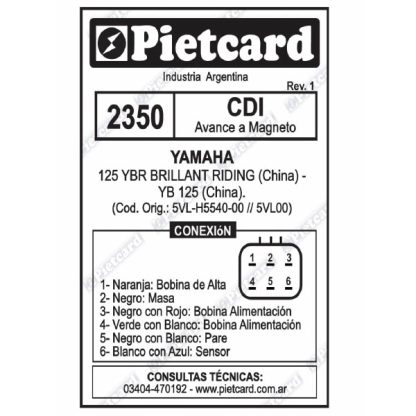 CDI yamaha YBR 125 alimentado Ac Pietcard 2350 - Imagen 2
