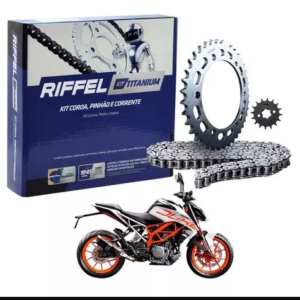 Transmisión moto KTM Duke 390 Pulsar Dominar 250 piñon 15 catalina 45 y cadena Riffel titanium