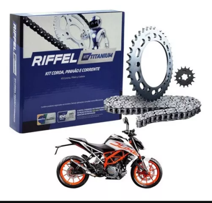 Transmisión moto KTM Duke 390 Pulsar Dominar 250 piñon 15 catalina 45 y cadena Riffel titanium