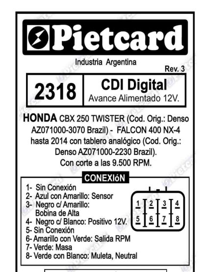 CDI para Moto Honda cbx twister NX4 Falcon Pietcard 2318 cdi digital 12 volts - Imagen 3